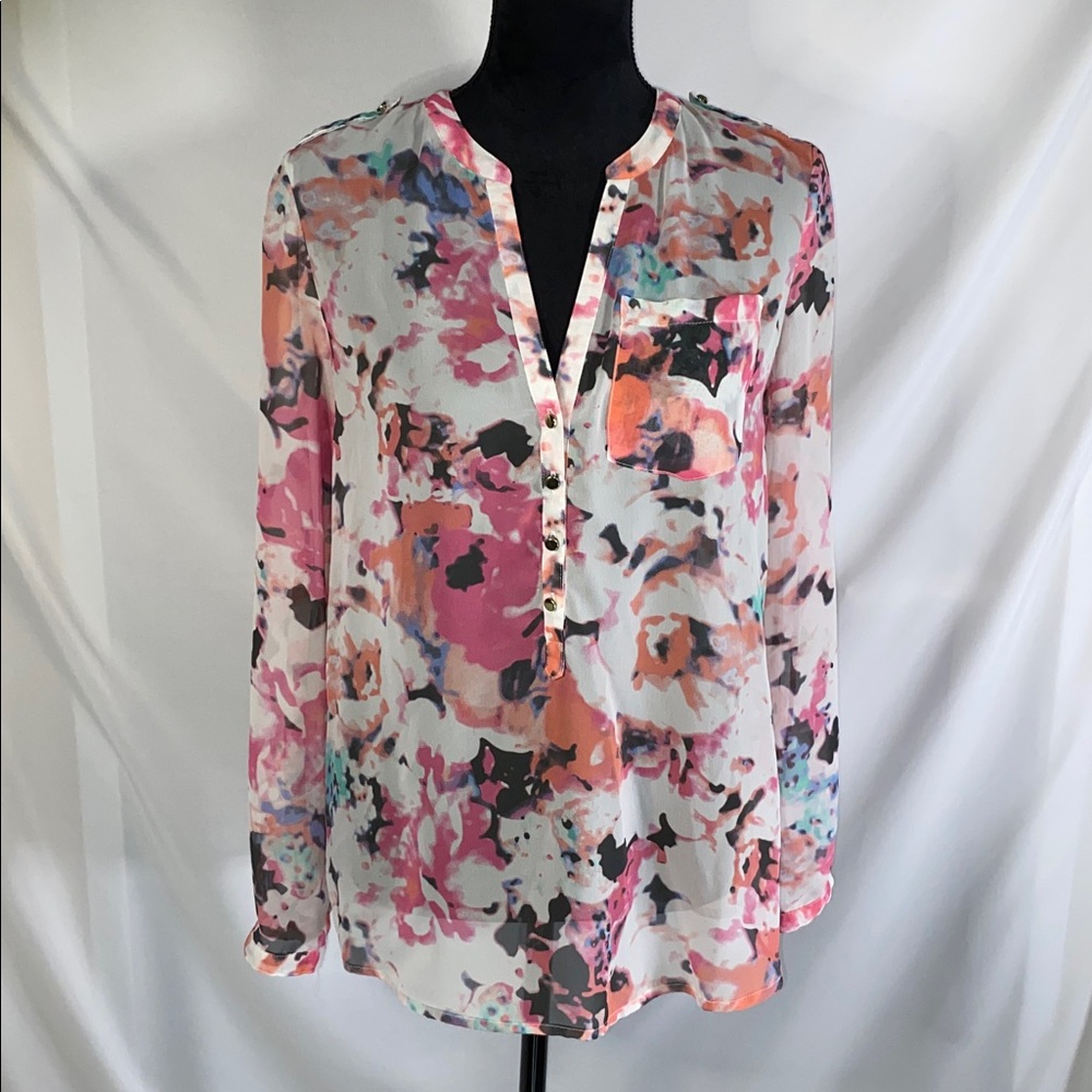 Women’s Sheer Floral Tunic Roll Tab Blouse Size Small